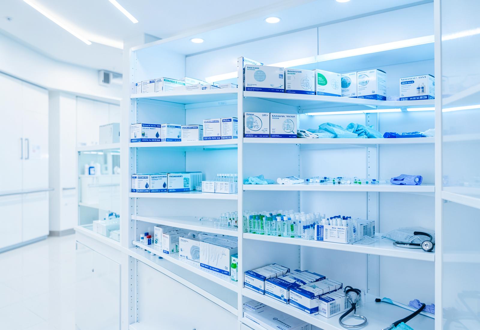 Estantes con insumos y dispositivos médicos organizados